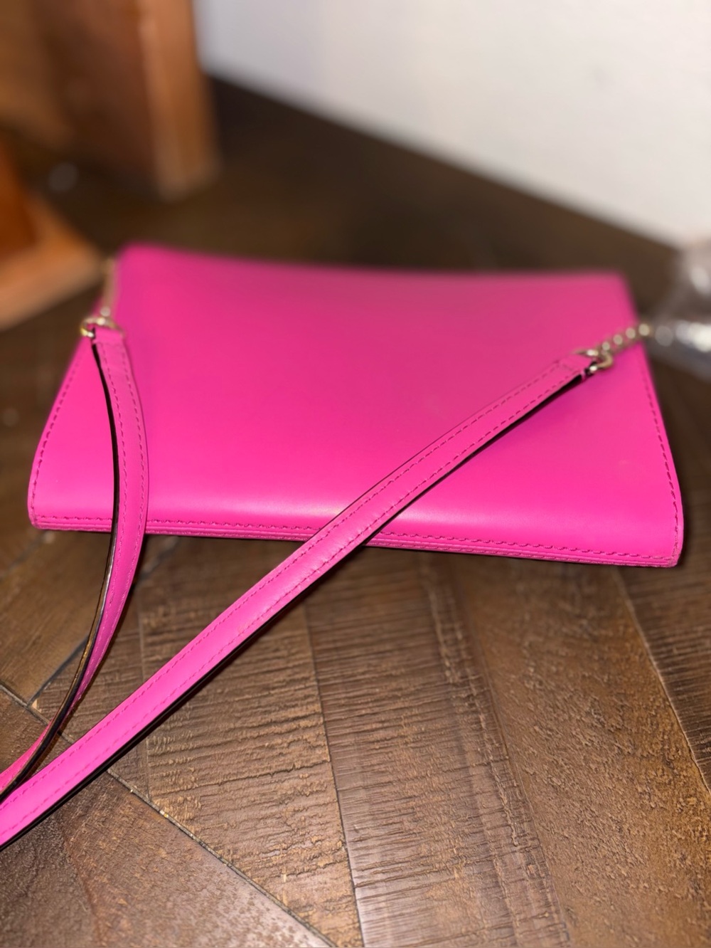 Kate Spade Hot Pink Leather Convertible Clutch Crossbody Gold Turn Lock - Picture 7 of 8